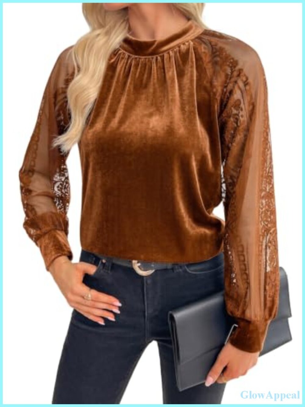 Velvet Blouse Lace Mesh Long Sleeve Mock Neck Dressy Casual Top